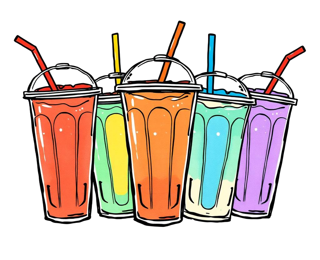 Hand-drawn doodle of colorful Hawaiian dirty soda cups with straws