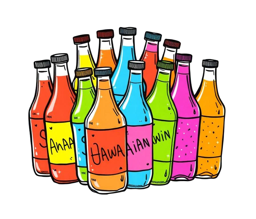 Hand-drawn doodle of 21 colorful Hula shave ice syrup bottles
