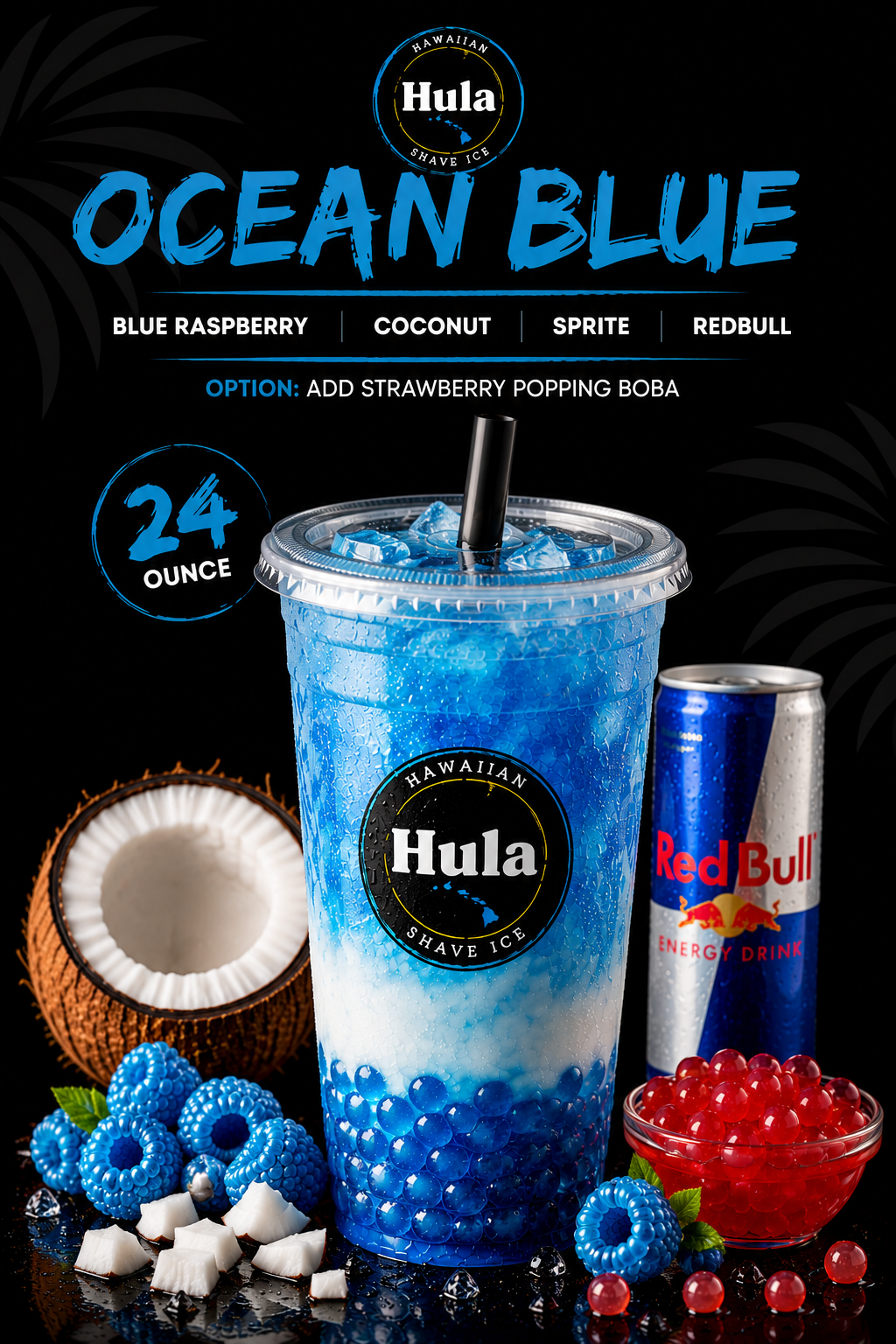 Ocean Blue dirty soda with blue boba, coconut, and a Red Bull can on a dark studio set
